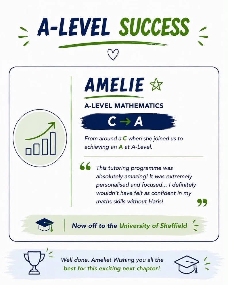 A-Level Mathematics result: Amelie went from around a C to an A and is now off to the University of Sheffield