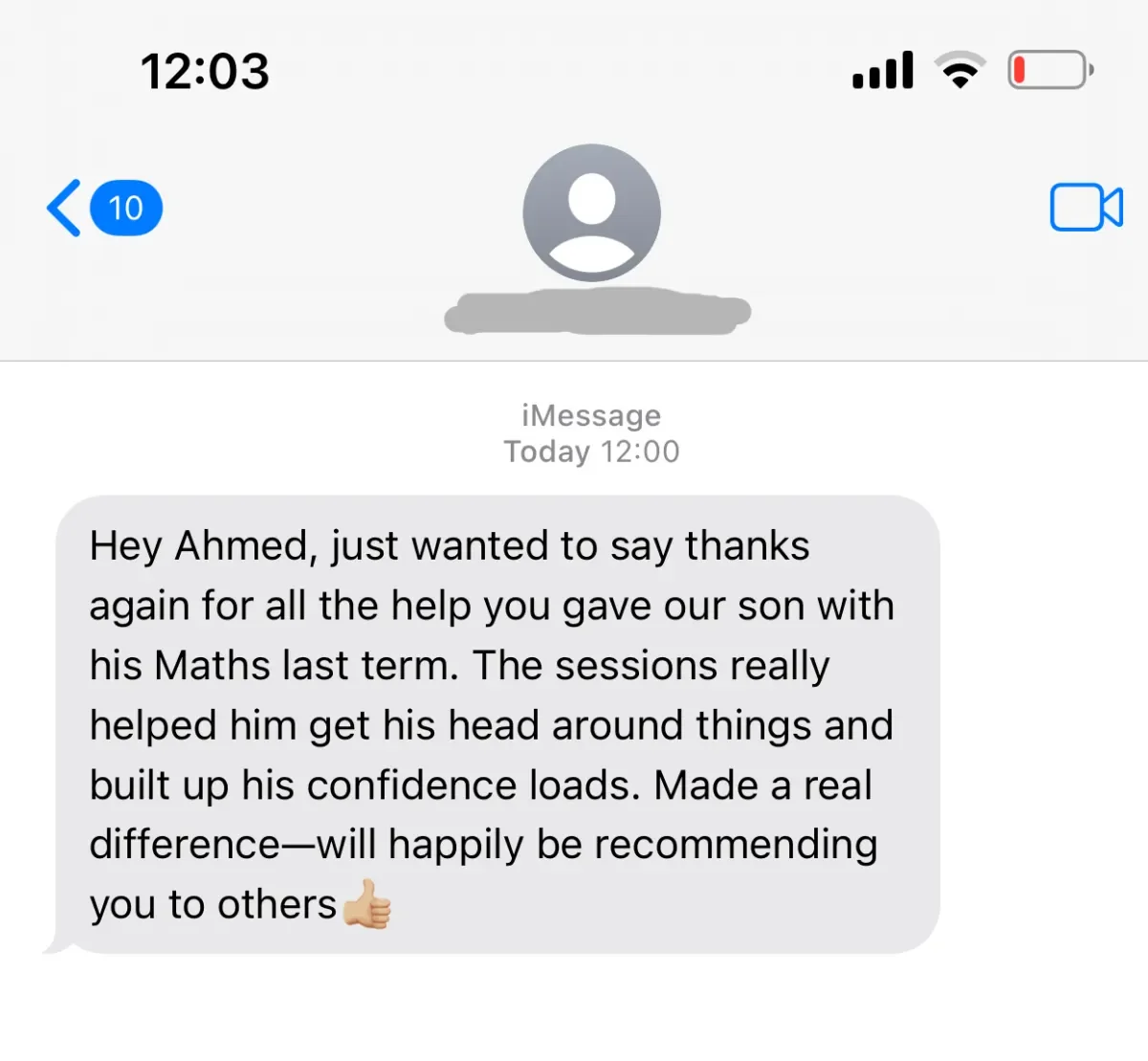 Text message from a parent thanking Ahmed for helping their son with Maths