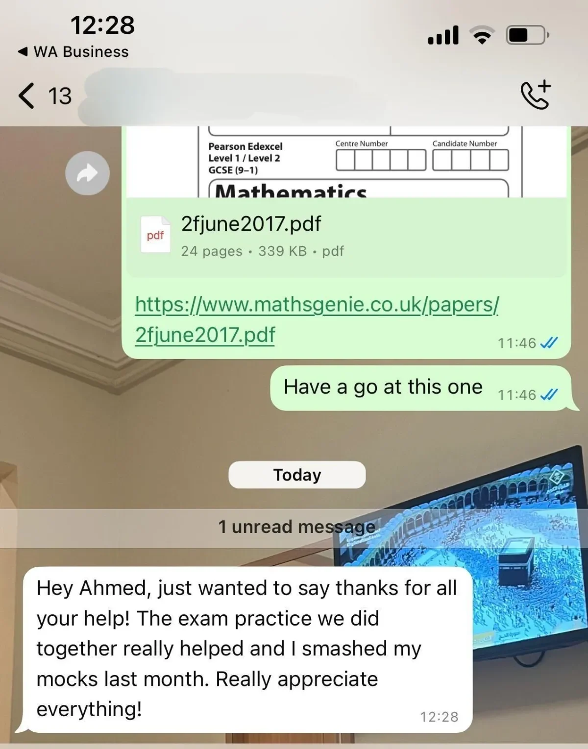 WhatsApp message from a student thanking Ahmed after smashing their mocks