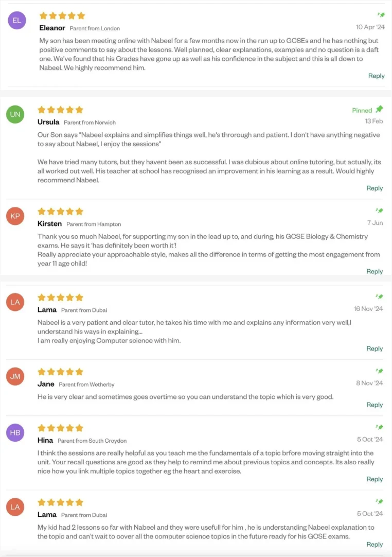 Screenshot of seven five-star parent reviews for Nabeel